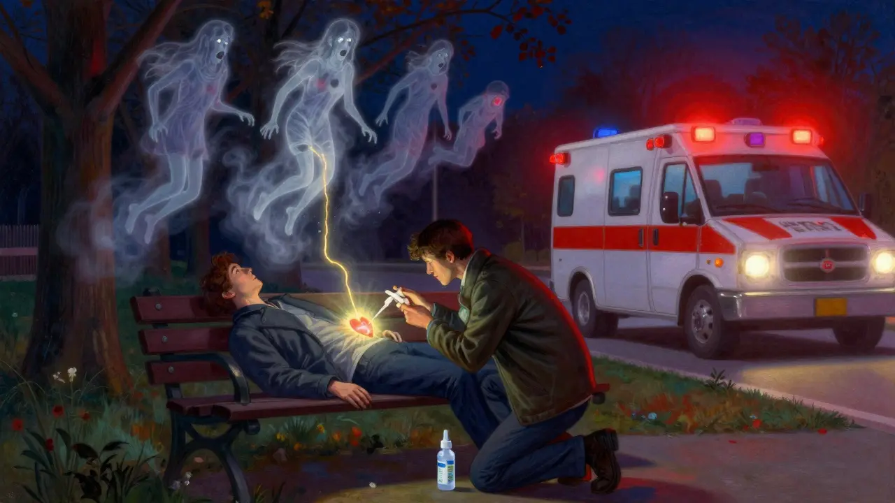 Bystander administre un spray nasal d'épinéphrine à une personne inconsciente sous les lumières d'une ambulance.