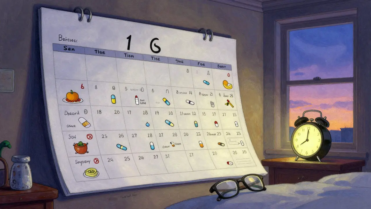 Calendrier mural détaillé avec icônes de prise de médicaments, une alarme qui sonne, et une vue douce sur un paysage crépusculaire.