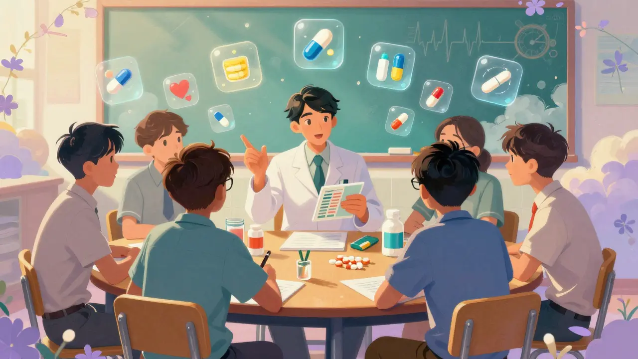 Des adolescents apprennent à gérer leurs traitements avec un pharmacien dans une salle de classe lumineuse.