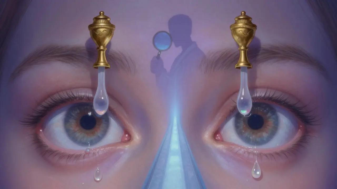 Des bouchons dorés dans les canaux lacrymaux, retenant des larmes brillantes comme des perles, dans un décor élégant et stylisé.