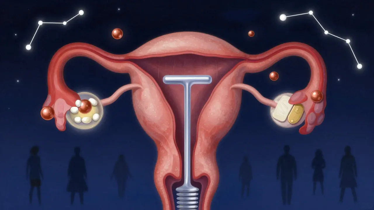 DIU en forme de T dans l'utérus, entouré d'ions de cuivre et de rayons de lumière, symbole de protection durable.