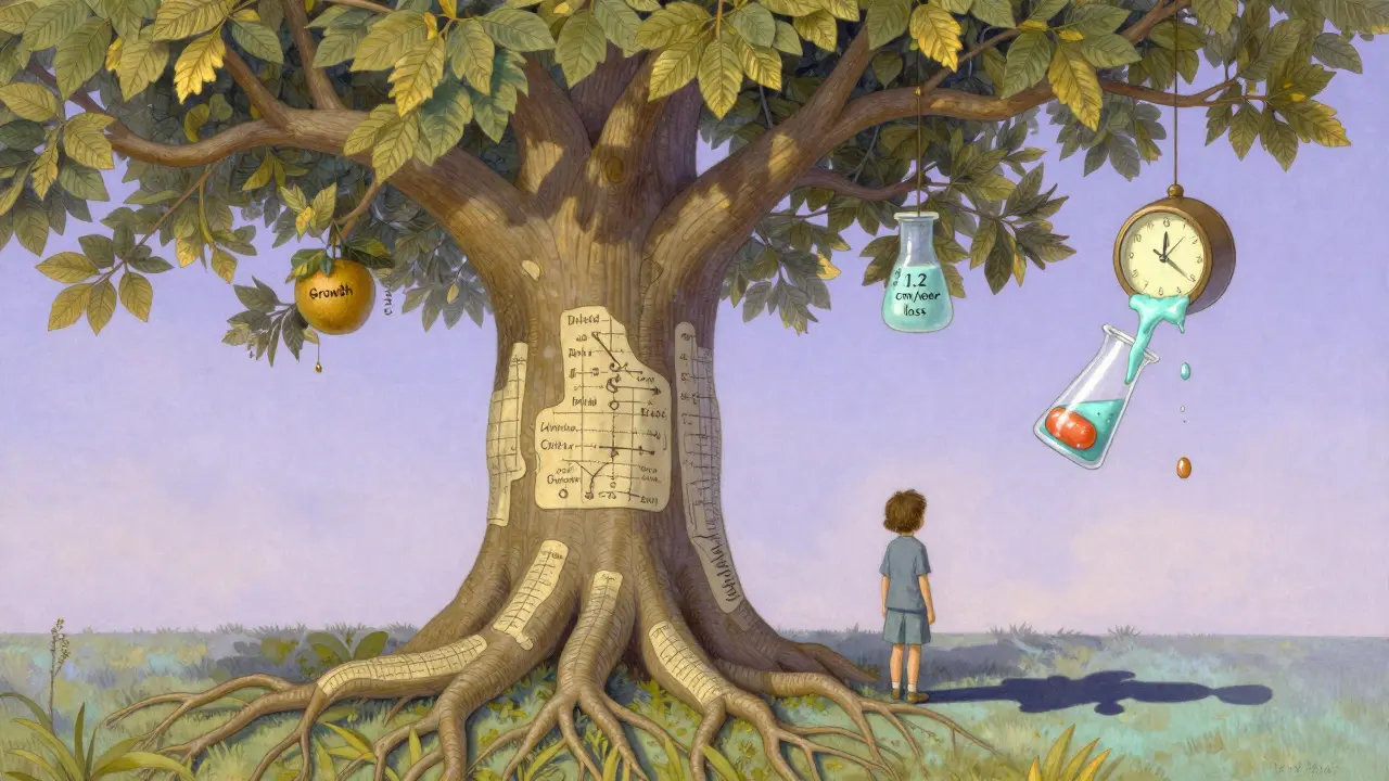 Enfant à côté d'un arbre médical dont les fruits représentent la perte de croissance, ciel crépusculaire, détails fins et couleurs douces.