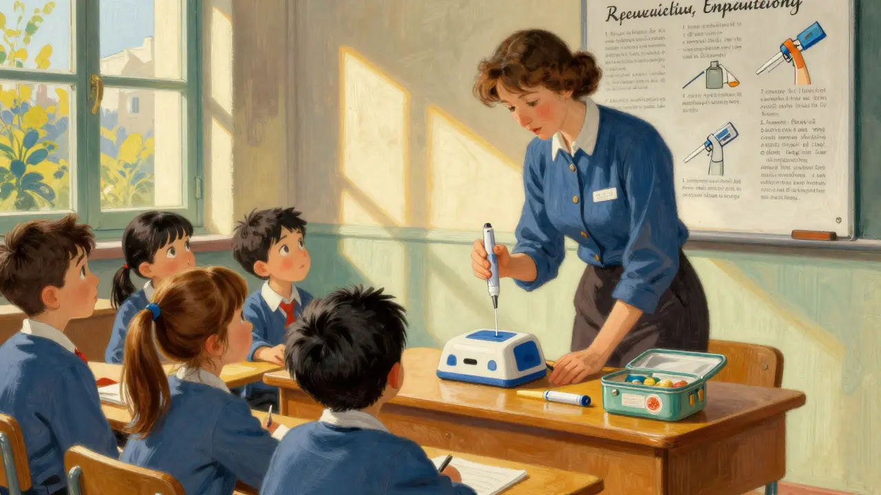 Enseignant qui explique l'utilisation d'un auto-injecteur à des enfants dans une classe scolaire française.