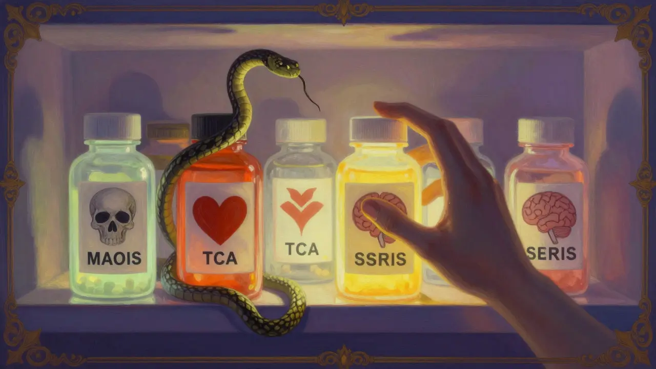 Étagère de pharmacie lumineuse avec des médicaments psychiatriques et une herbe qui se transforme en serpent.