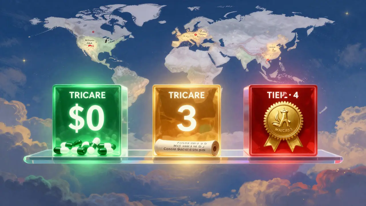 Étagères flottantes représentant les trois niveaux de couverture TRICARE avec des pilules et des symboles lumineux.