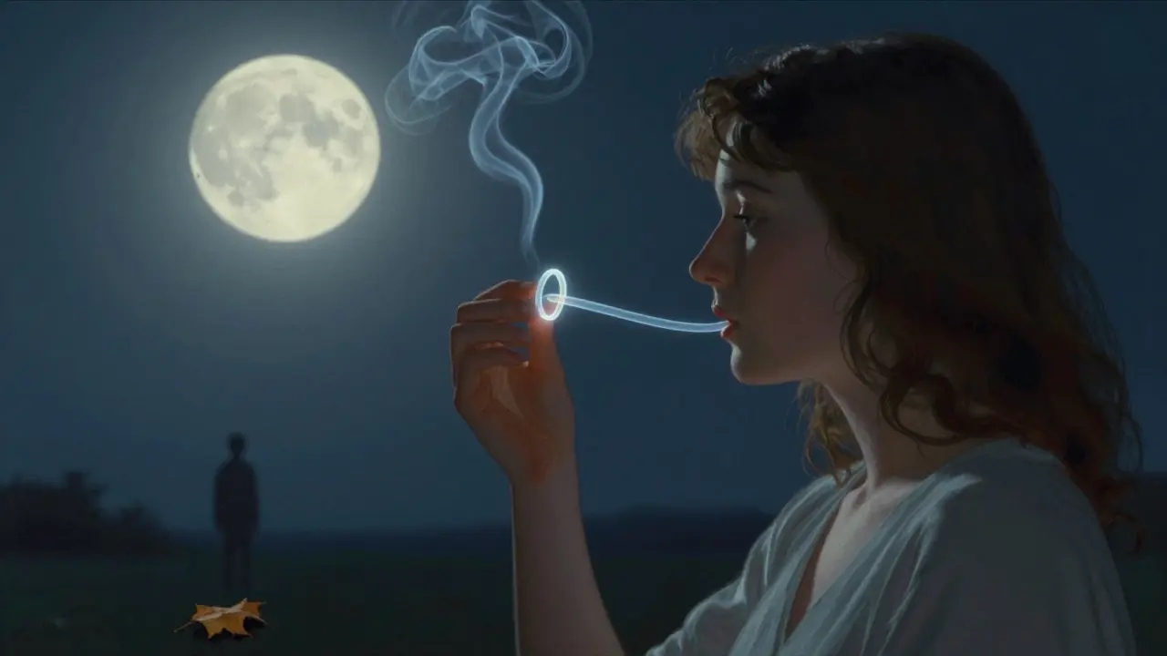 Femme insérant un anneau vaginal dans une lumière lunaire, avec un halo translucide évoquant la libération hormonale.