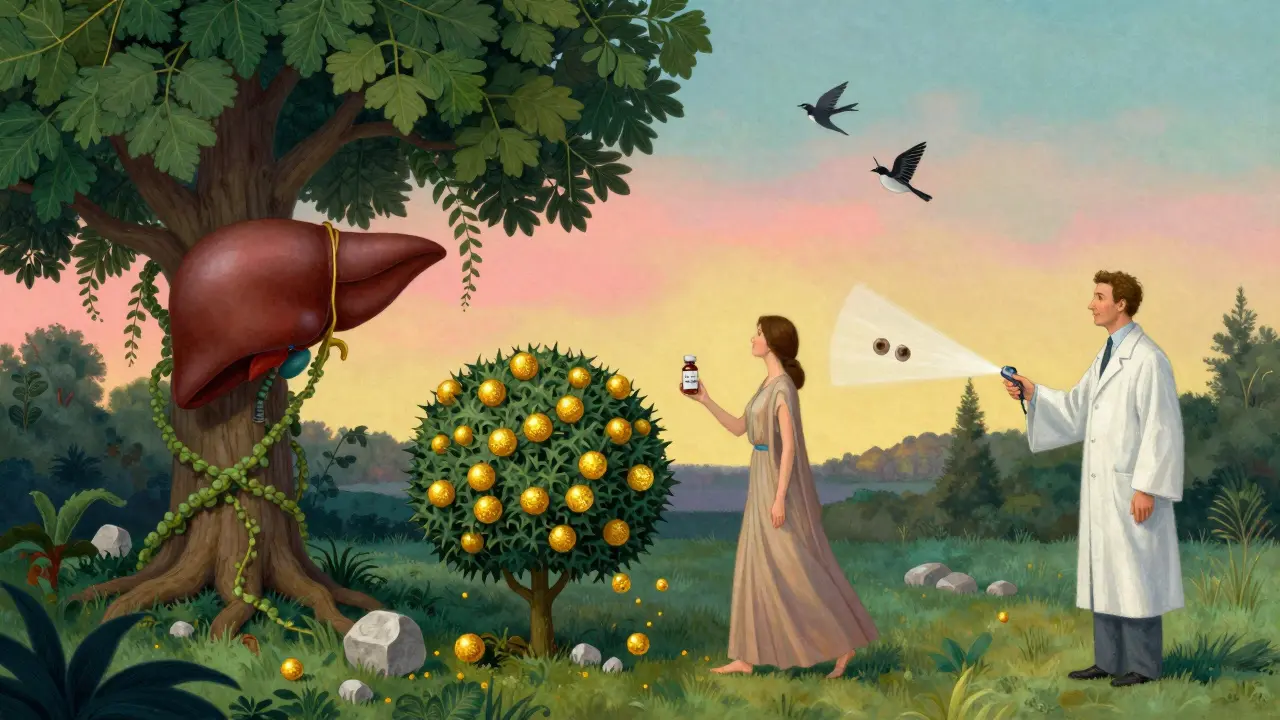 Jardin d'organes où la vésicule biliaire se flétrit sous l'effet d'un médicament, avec un médecin utilisant un échographe.