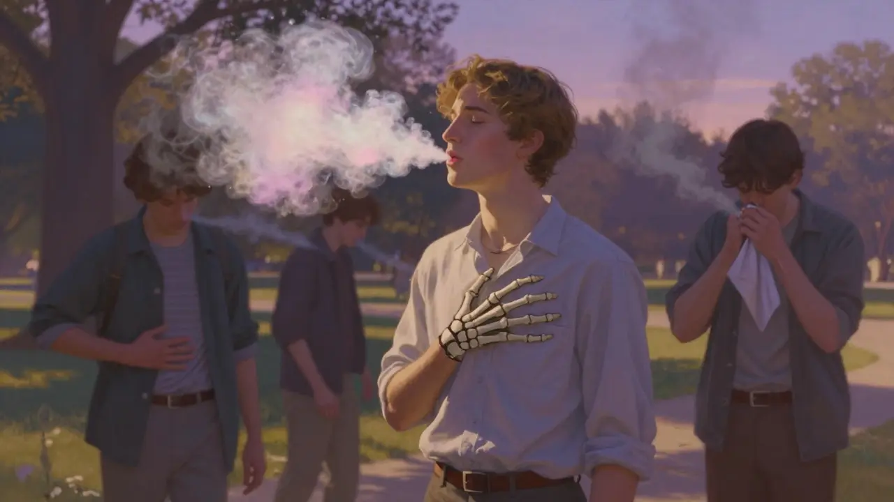 Jeune adulte inspirant une vapeur colorée qui se transforme en mains squelettiques dans un parc au crépuscule.