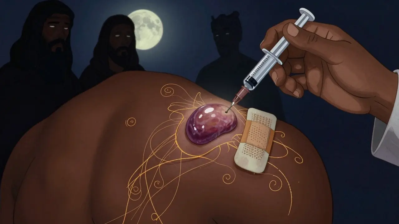 Kélode pourpre sur une épaule foncée, entouré de fils dorés de collagène, main tenant une seringue.