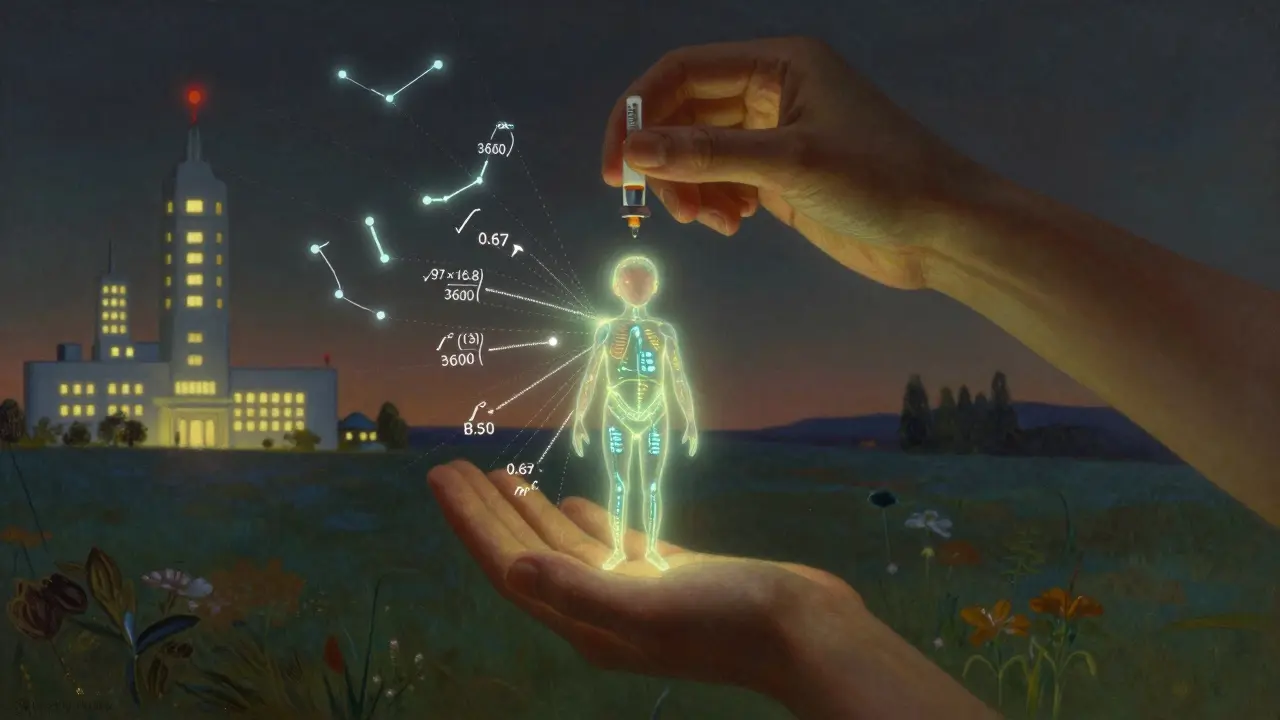 La main d'un enfant tenant une seringue, entourée de calculs de surface corporelle et de voies de dosage en forme de constellations.