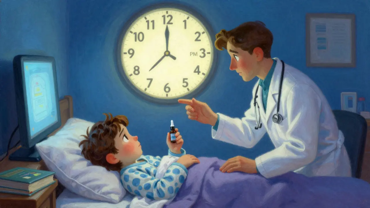 Médecin expliquant l'hygiène du sommeil à un parent et son enfant, avec symboles de routine apaisante.