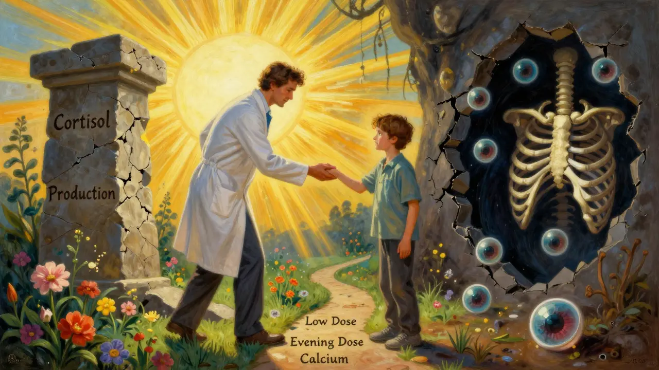 Médecin guidant un patient vers un chemin de guérison, pilier de cortisol qui s'effondre, lumière dorée et paysage symbolique.