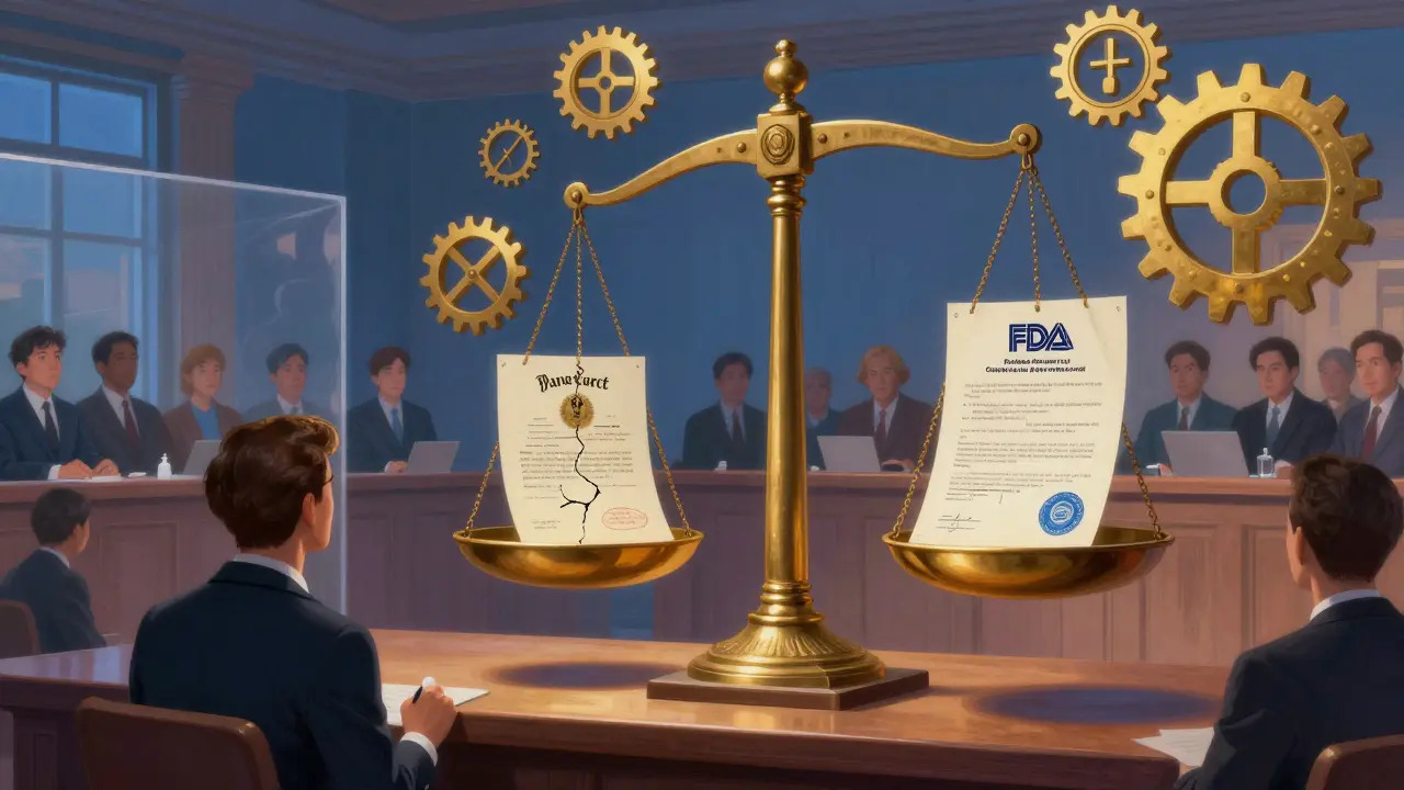 Ornate scale balancing patent and FDA seal in a golden courtroom, with generic drug makers waiting behind a translucent wall.