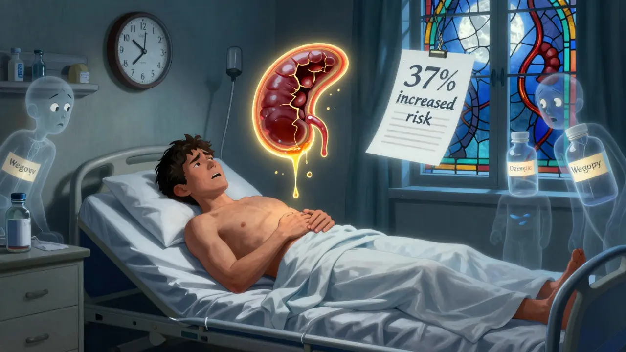 Patient en douleur avec une vésicule biliaire fantomatique qui fuit de la bile, entourée d'éléments médicaux flottants.