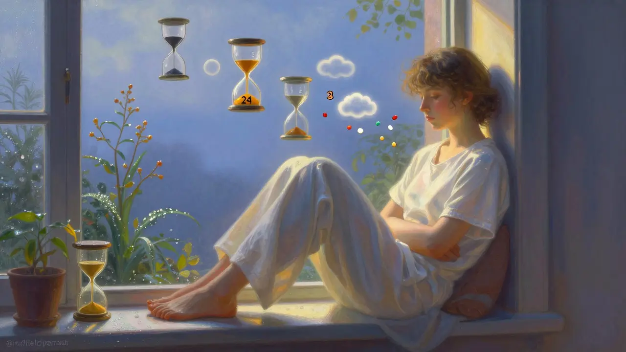 Patient paisible au lever du jour, entouré d'heures qui symbolisent l'atténuation des effets secondaires.