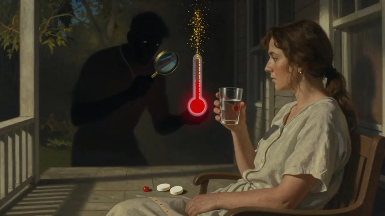 Patient sur un porche ensoleillé avec comprimés de lithium et ibuprofène, ombre d'un thermomètre menaçant.