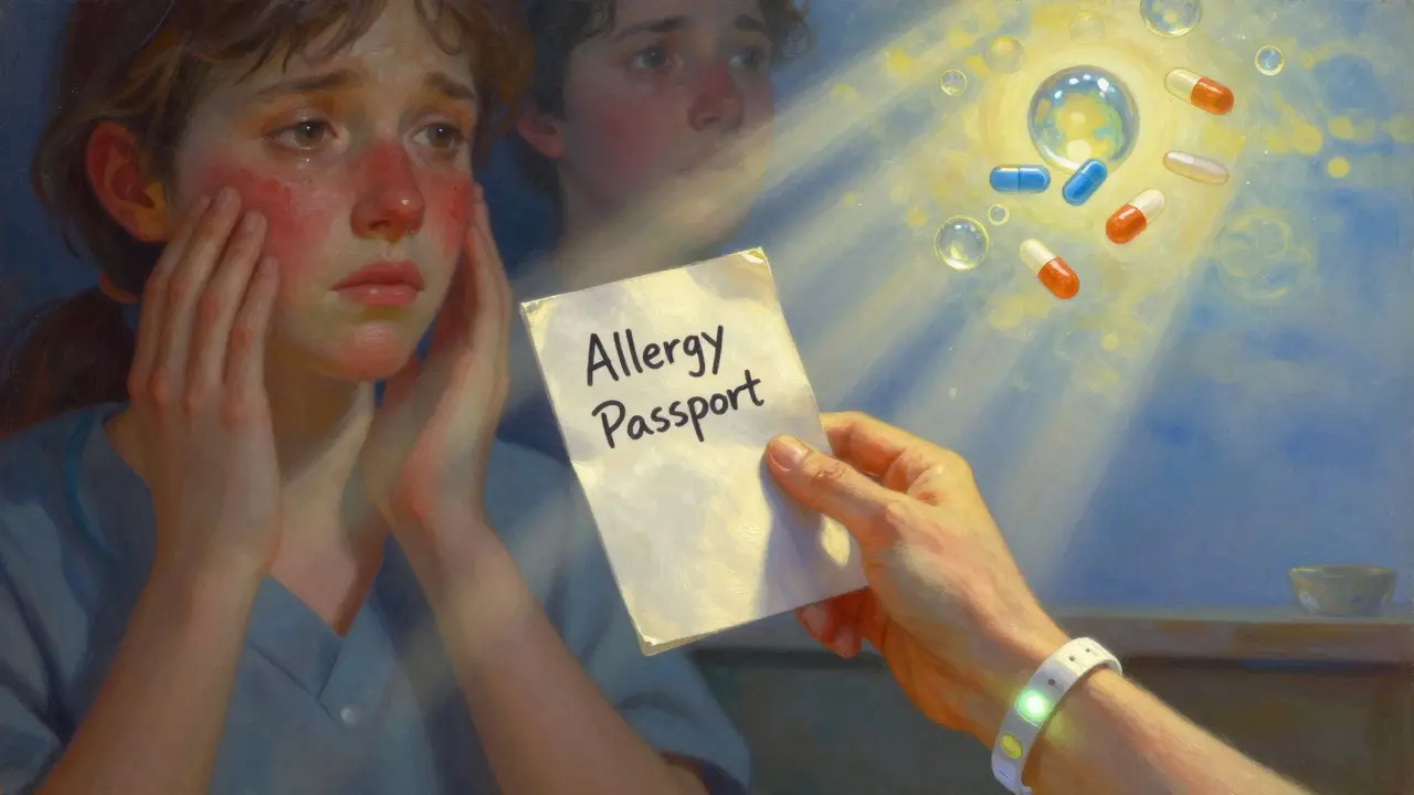 Patient tenant un passeport allergie, un bracelet médical brillant, entouré d'un ciel apaisant avec des comprimés sans allergènes.