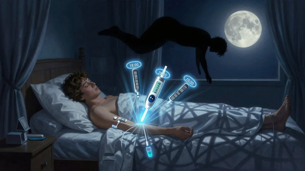 Personne endormie entourée de halos lumineux d'insuline, ombre menaçante au-dessus d'elle.