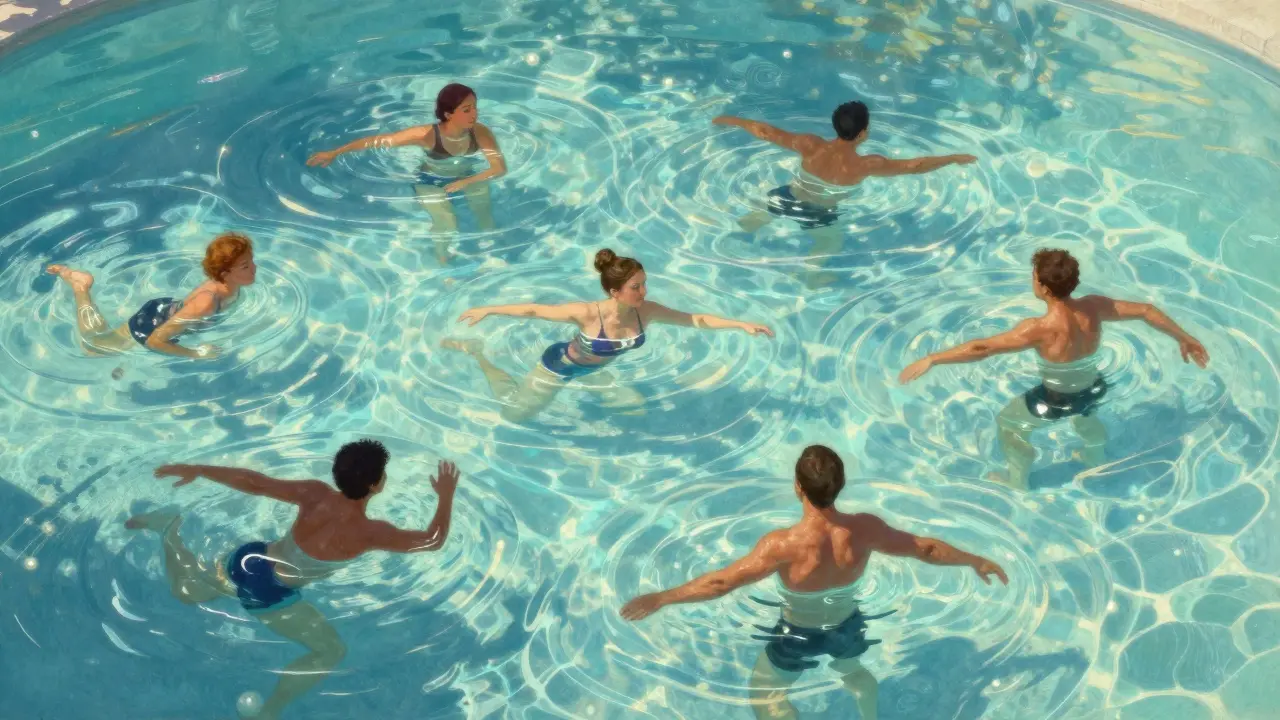 Personnes faisant des exercices dans une piscine lumineuse, renforçant les muscles autour du genou.