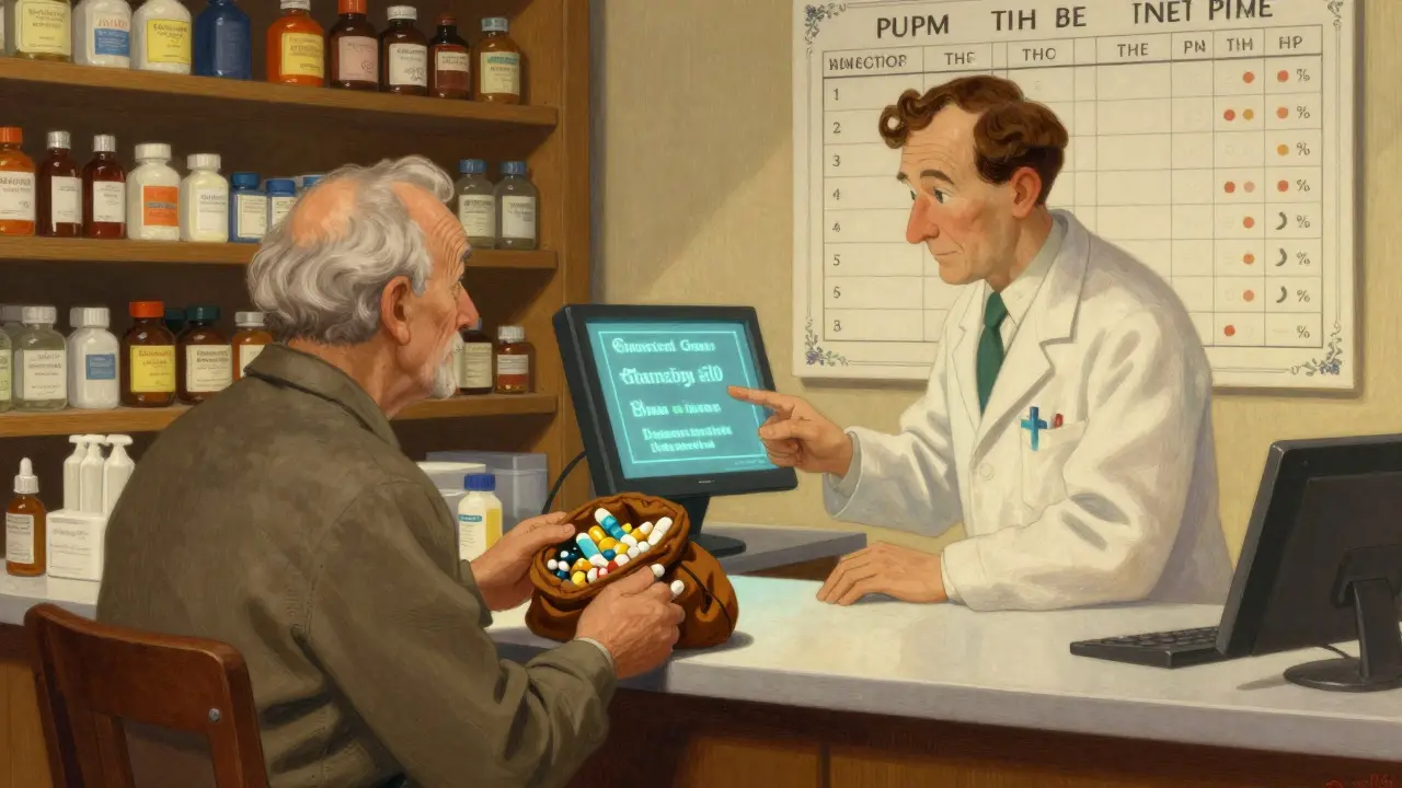 Pharmacien et patient à un comptoir, le patient tenant un sac brun rempli de médicaments, le pharmacien montrant un écran d'interactions.