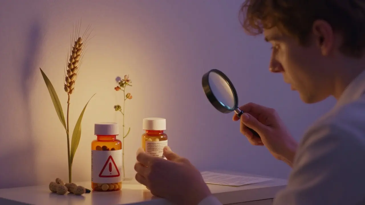 Pharmacien montrant deux comprimés identiques, l'un marqué d'un avertissement, tandis que le patient lit la notice.