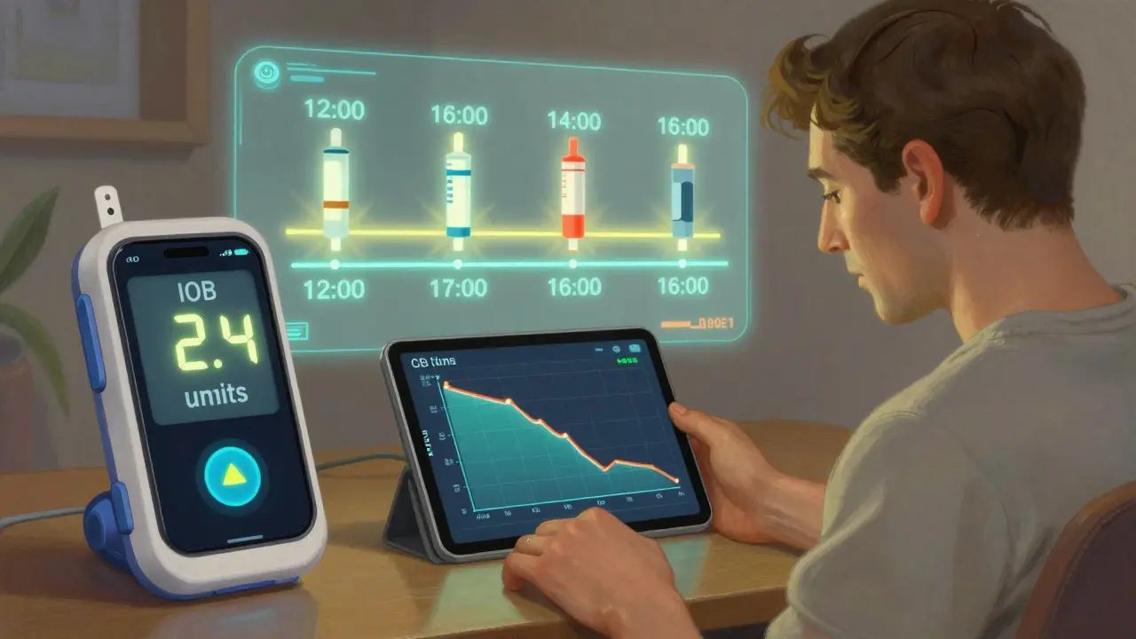 Pompe à insuline et téléphone affichant une alerte d'insuline en cours, graphique de glycémie en baisse.