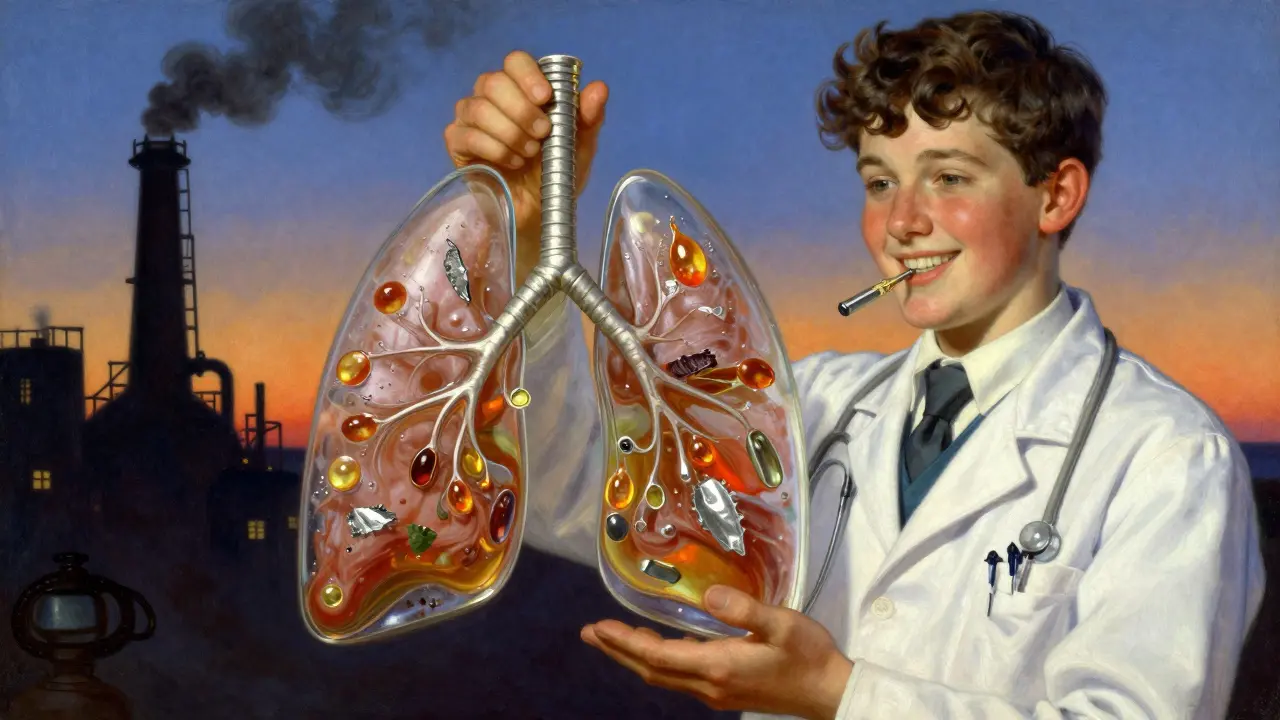 Poumon transparent rempli d'huile de vitamine E et de métaux, avec une usine en arrière-plan dans un style artistique somptueux.