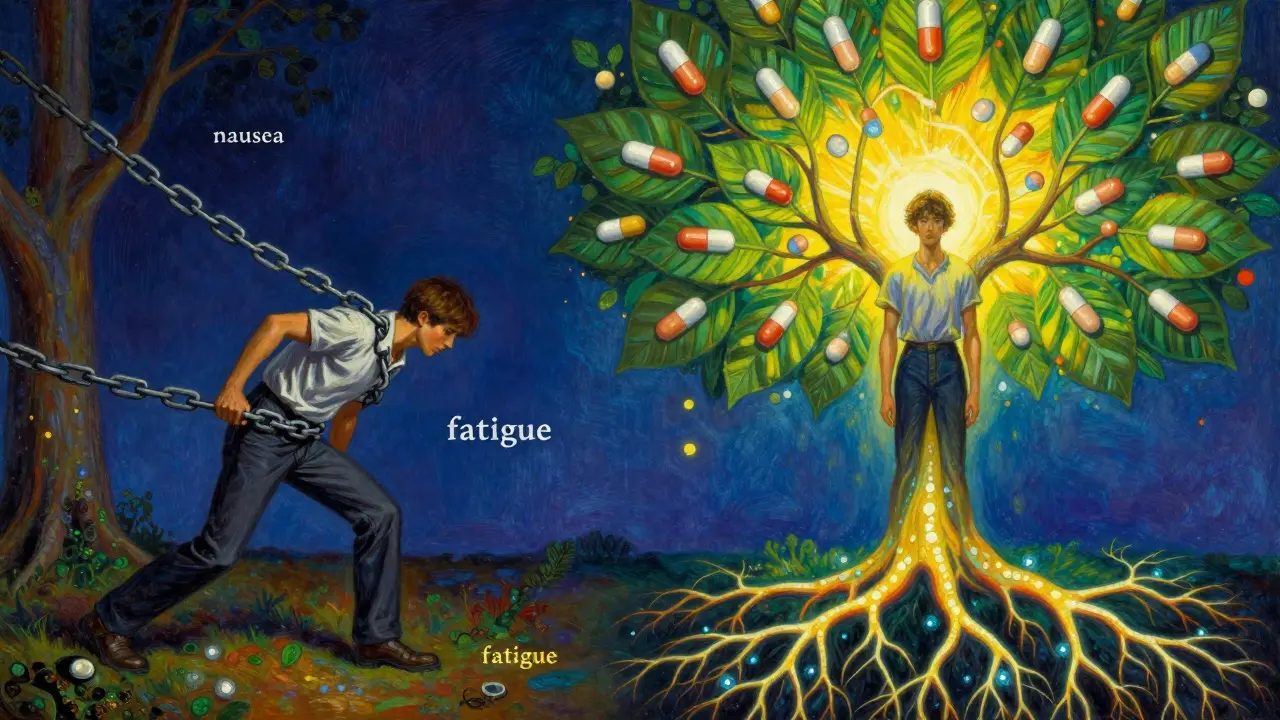 Scène divisée : douleur transformée en liberté sous un arbre médical, symbole de tolérance et d'équilibre.