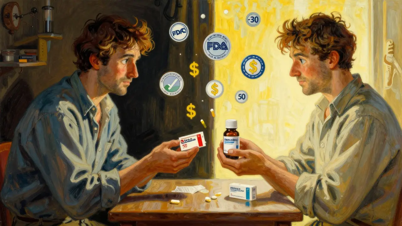 Scène divisée : un patient paie cher un médicament de marque à gauche, et peu pour un générique à droite, sous une lumière chaude.