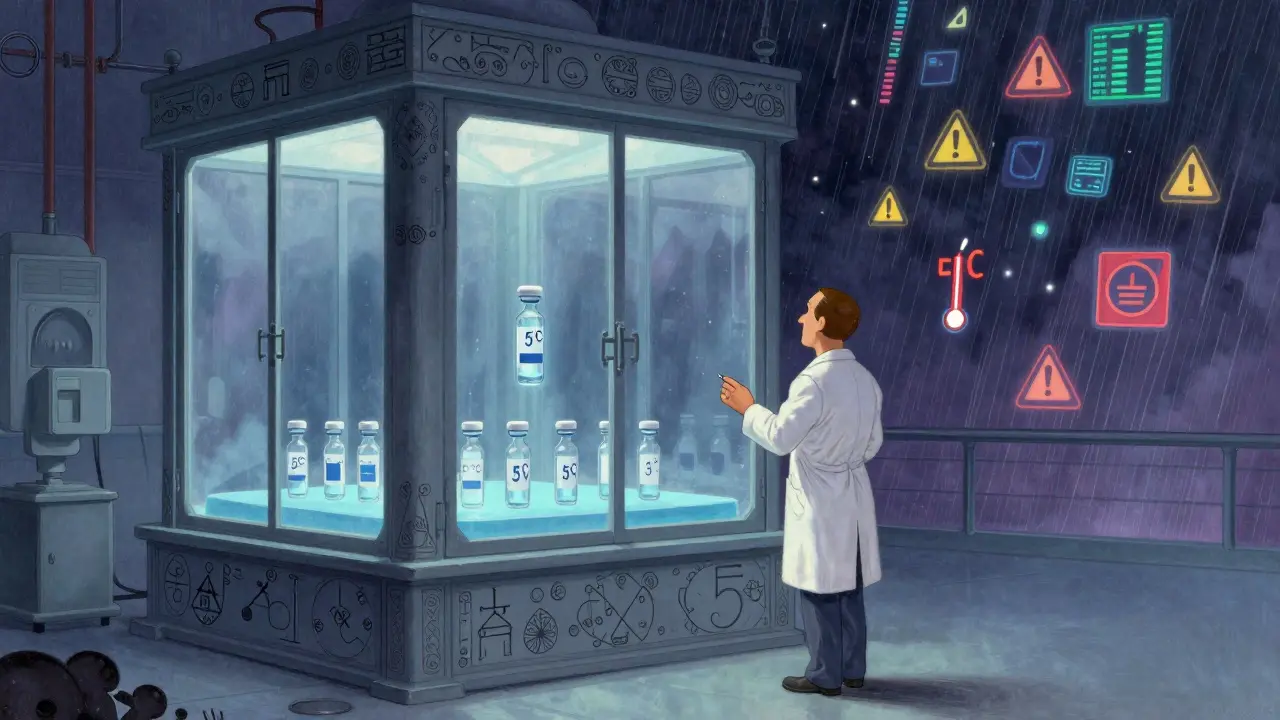 Technicien devant une chambre climatique ornée, avec des flacons d'insuline flottant dans une lumière bleue froide.