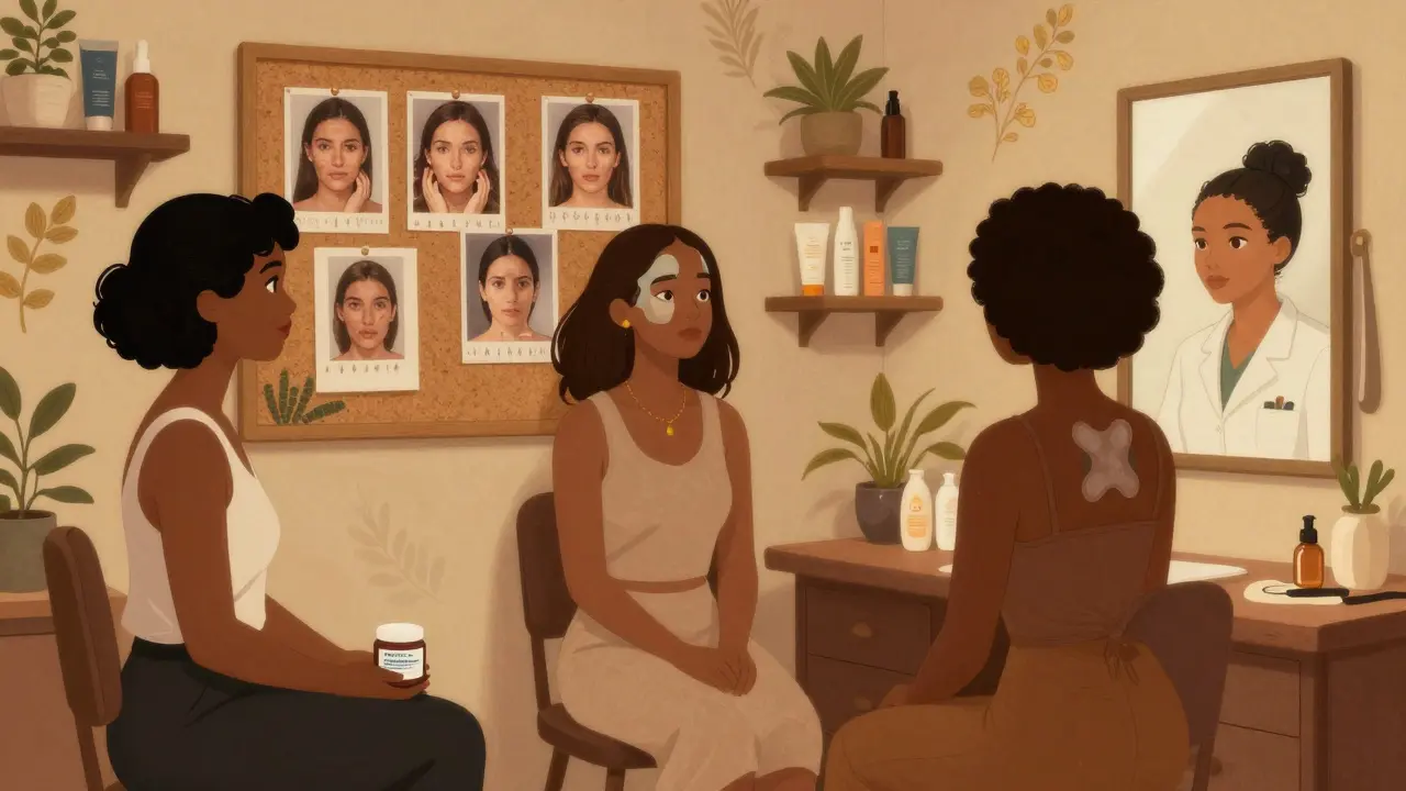 Trois femmes consultent un dermatologue, photos de progrès affichées, crèmes et pansements visibles.