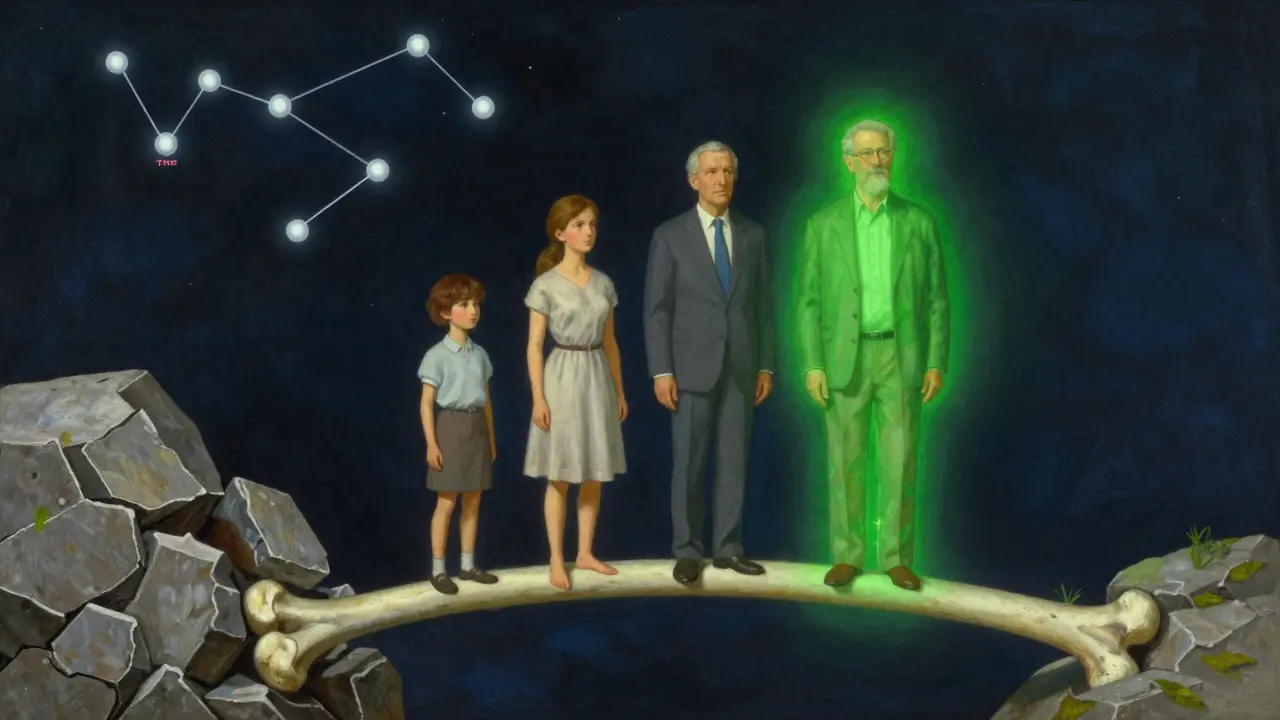 Trois figures sur un pont osseux, l'un côté rigide, l'autre vivant, sous un ciel étoilé de molécules thérapeutiques.