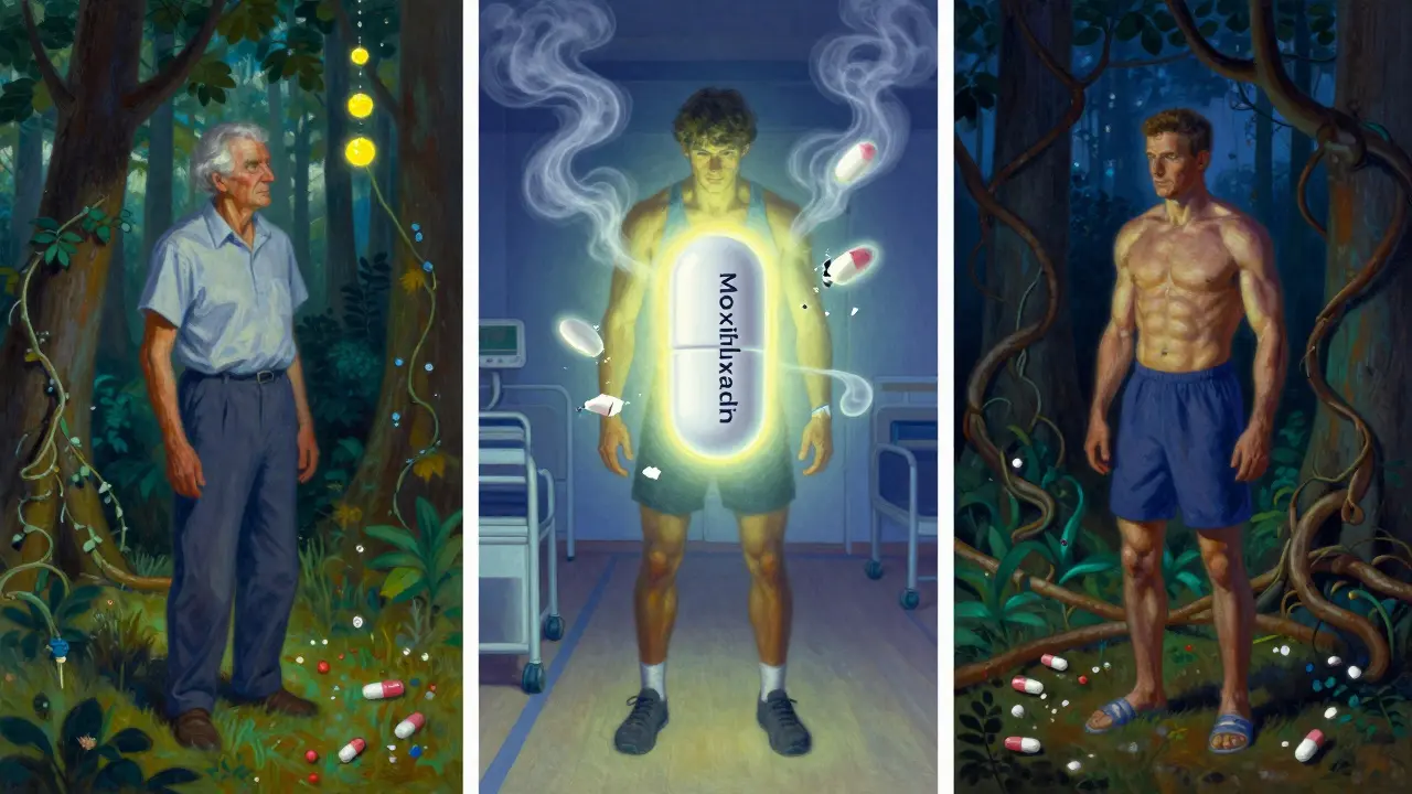 Trois patients dans des paysages différents, une pilule protectrice rayonnant au centre, tandis que des lianes sombres représentent les corticostéroïdes.