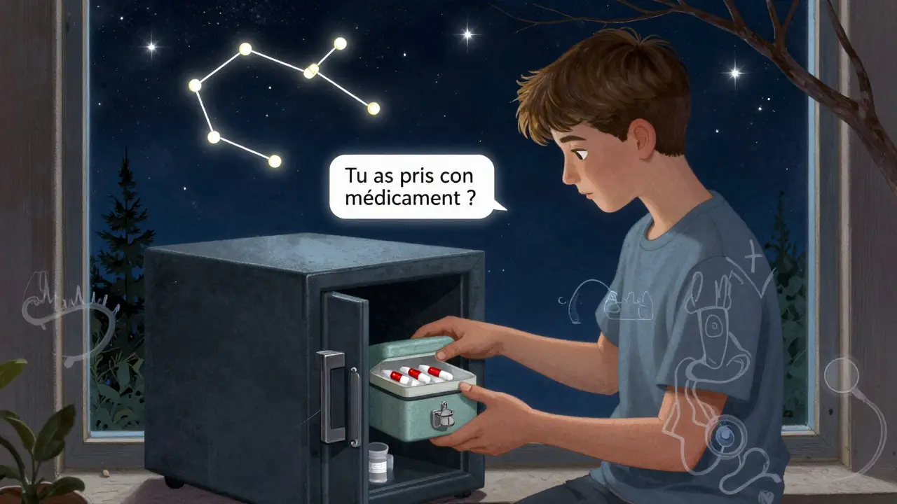 Un adolescent range ses médicaments dans un coffre-fort sous un ciel étoilé symbolisant la confiance.