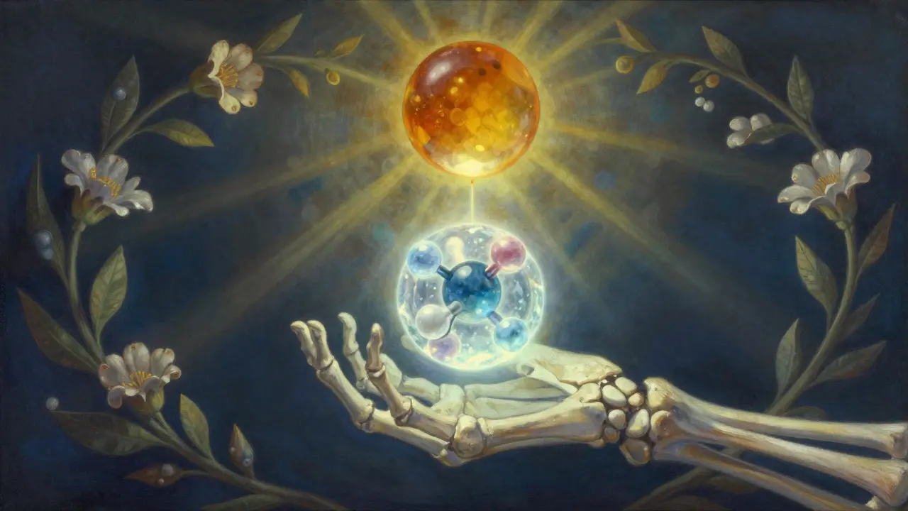 Un cristal de médicament et une sphère de calcium séparés par une barrière lumineuse, symbolisant la séparation nécessaire pour l'efficacité.