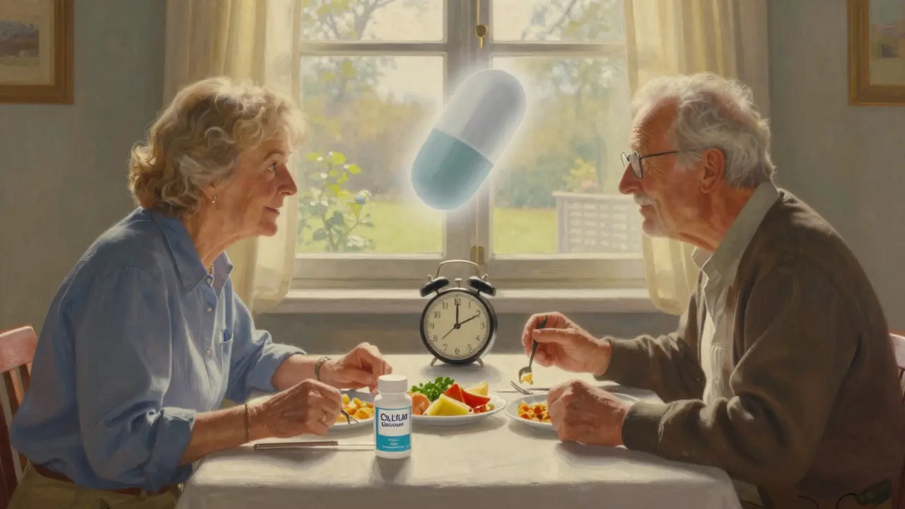 Un dîner familial au coucher du soleil, avec un complément de calcium sur la table, loin du médicament du matin.