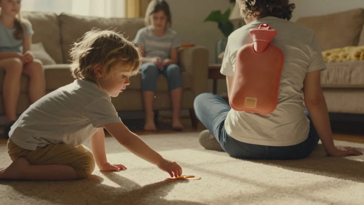 Un enfant atteint un patch de fentanyl abandonné au sol, tandis qu'un adulte pose une bouteille d'eau chaude sur son dos, dans une scène lumineuse et paisible.