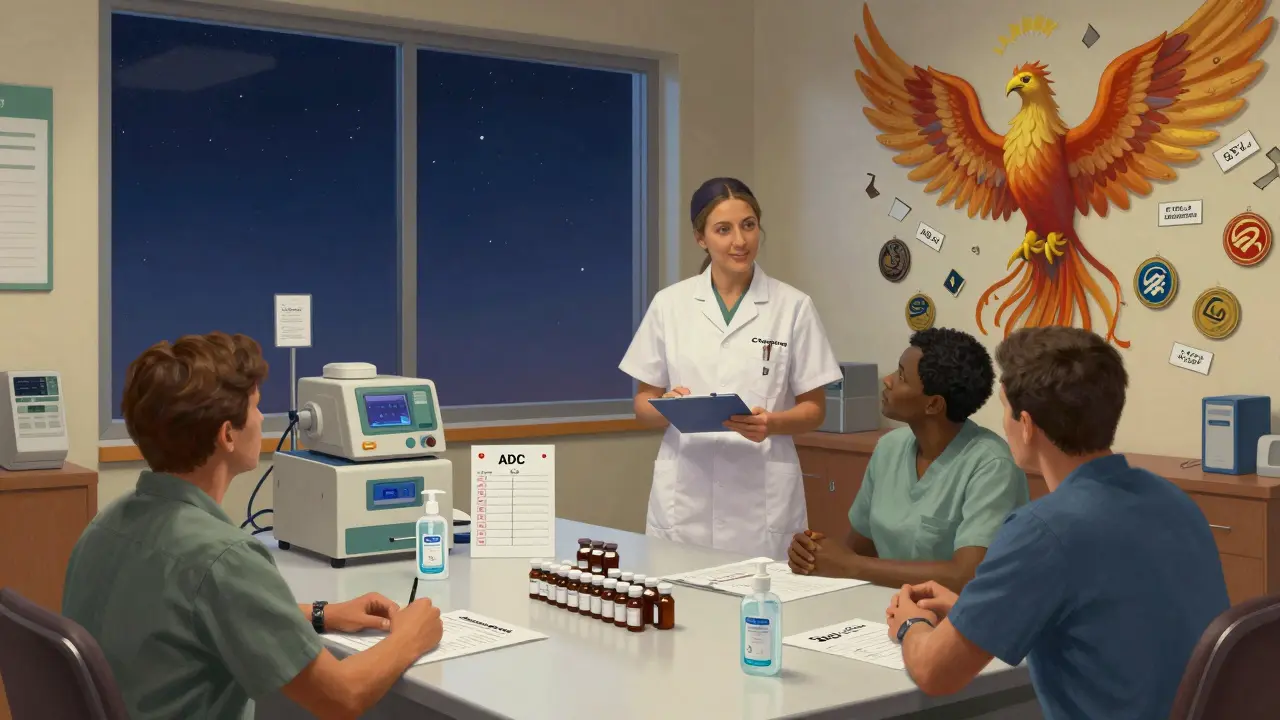 Un équipe médicale forme des infirmiers autour d'une armoire automatisée, avec des étiquettes de sécurité et un distributeur propre.