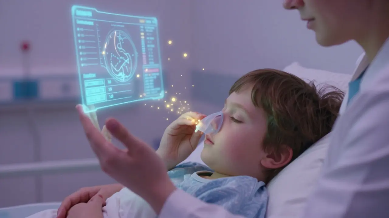 Un parent administre un médicament nasal à un enfant endormi, entouré de lumières douces et de symboles médicaux flottants.