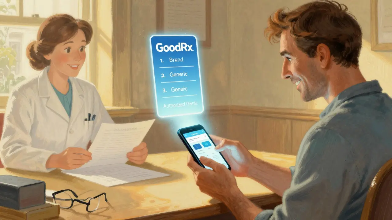 Un patient consulte son téléphone pour comparer les prix, avec un diagramme lumineux flottant et des silhouettes d'assureurs en arrière-plan.