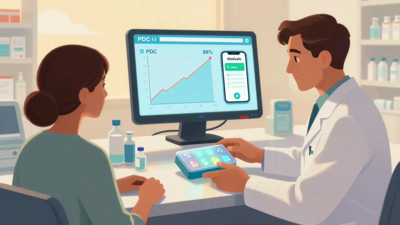 Un pharmacien remet une boîte intelligente à un patient, avec un écran affichant un taux d'adhésion élevé.