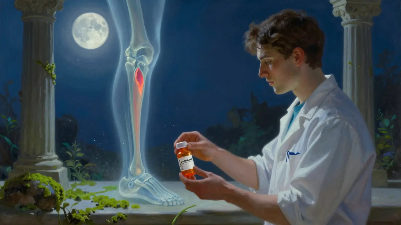 Un pharmacien remet une ordonnance à un athlète, tandis qu'un tendon rompu fantomatique flotte dans l'air, éclairé par la lune.