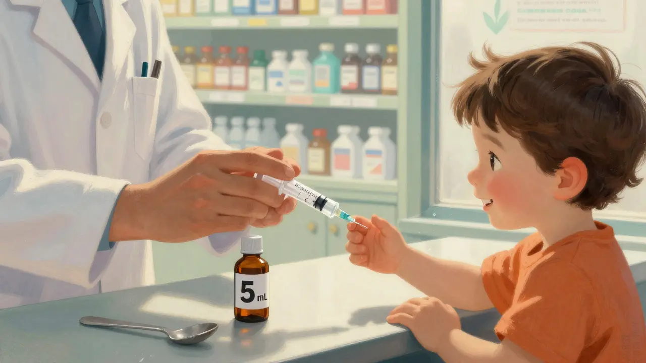 Un pharmacien remet une seringue orale calibrée en mL à un parent dans une pharmacie lumineuse.