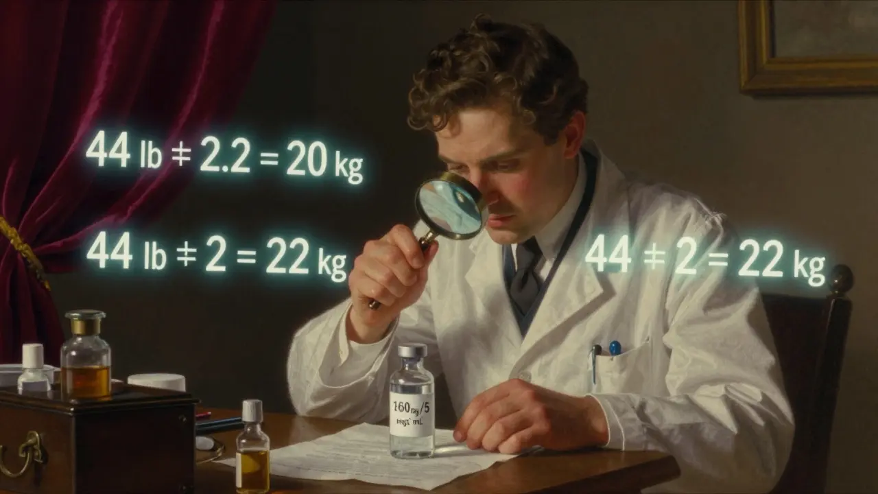 Un pharmacien vérifie une dose pédiatrique avec une loupe, entouré d'équations de conversion lumineuses et d'ombres de erreurs.