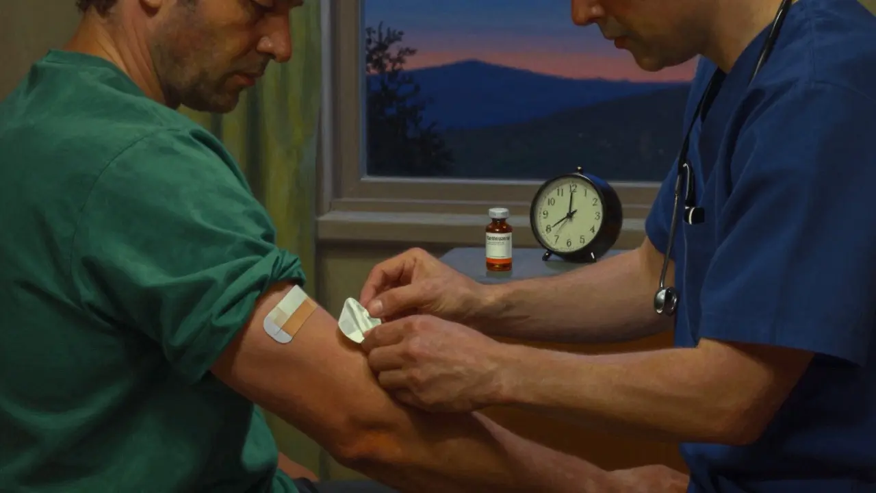 Un professionnel de santé plie soigneusement un patch usagé, avec une seringue de naloxone sur la table de nuit, sous un ciel crépusculaire.