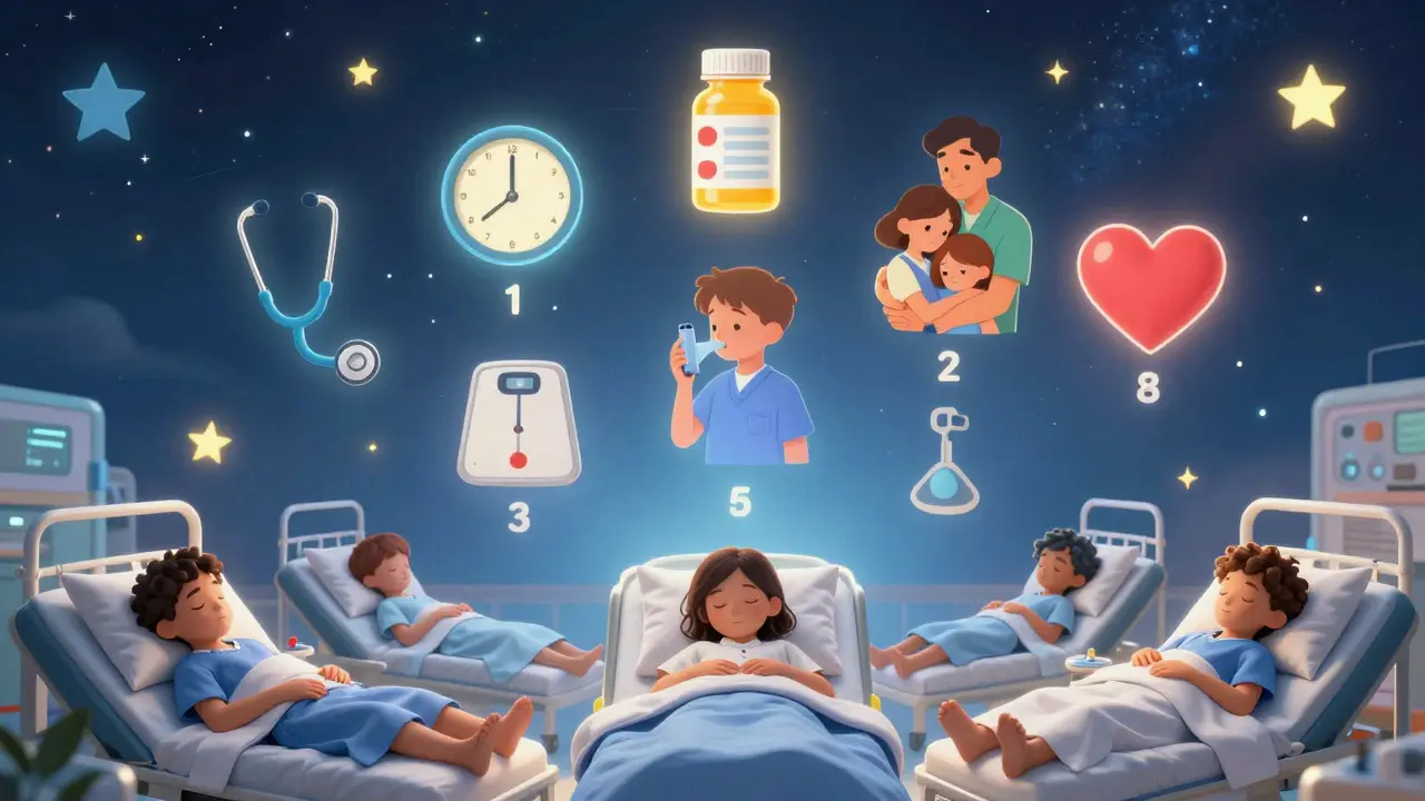 Une checklist médicale flottante dans le ciel, avec des symboles illustrés et des enfants paisibles endormis en dessous.