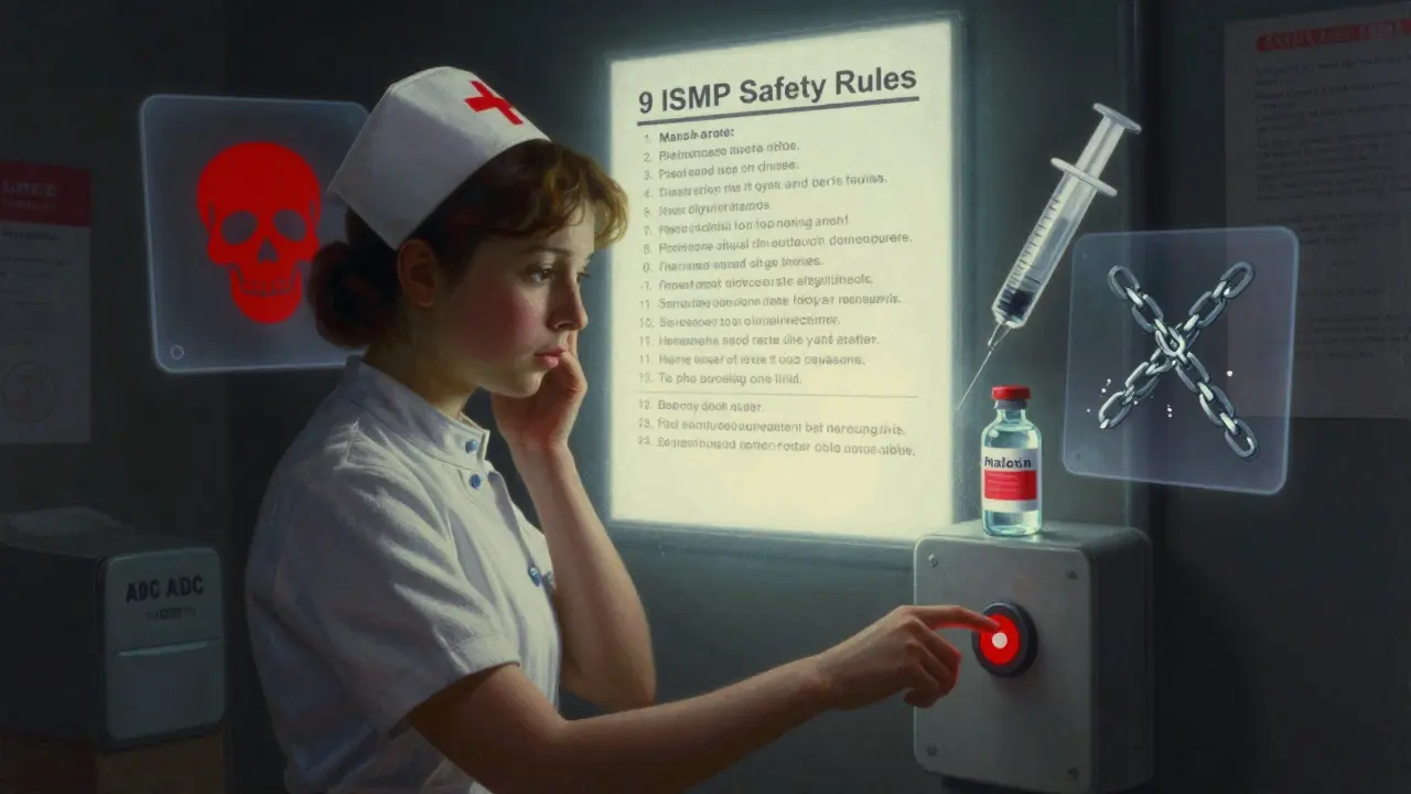Une infirmière hésite devant un bouton de dérogation, entourée d'avertissements flottants de sécurité médicale.