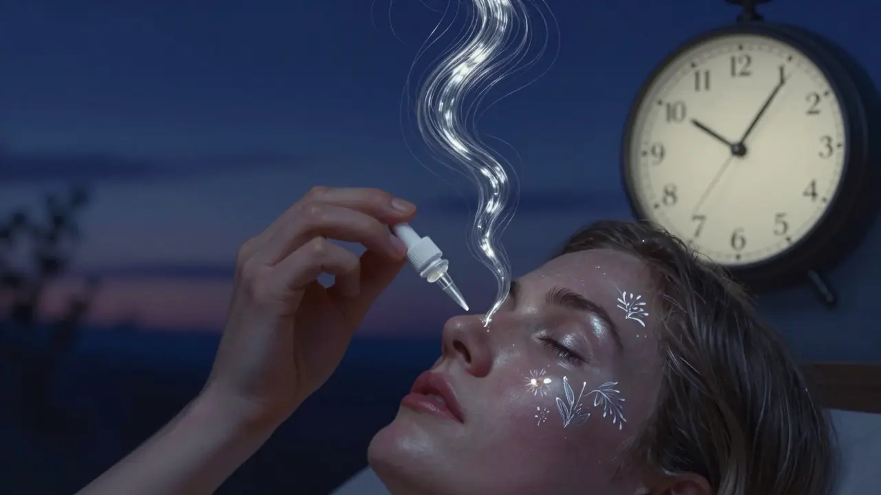 Une personne appliquant des gouttes oculaires au crépuscule, avec des filaments métalliques s'élevant de l'œil, dans une ambiance nocturne.