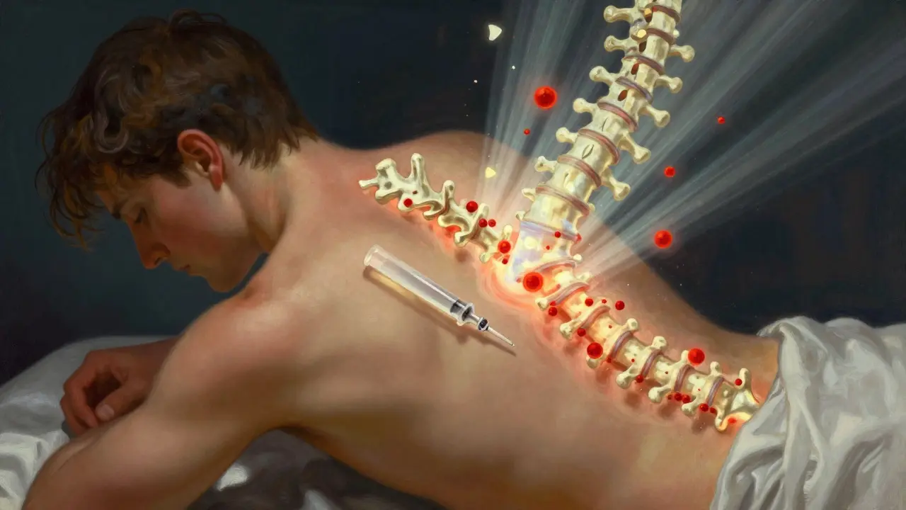 Une personne s'injectant un traitement lumineux qui dissout les particules inflammatoires autour de la colonne.