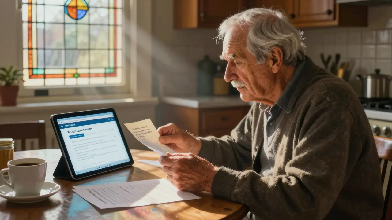 Vétéran âgé regardant un écran de recherche de médicaments TRICARE, lumière douce et vitraux en arrière-plan.